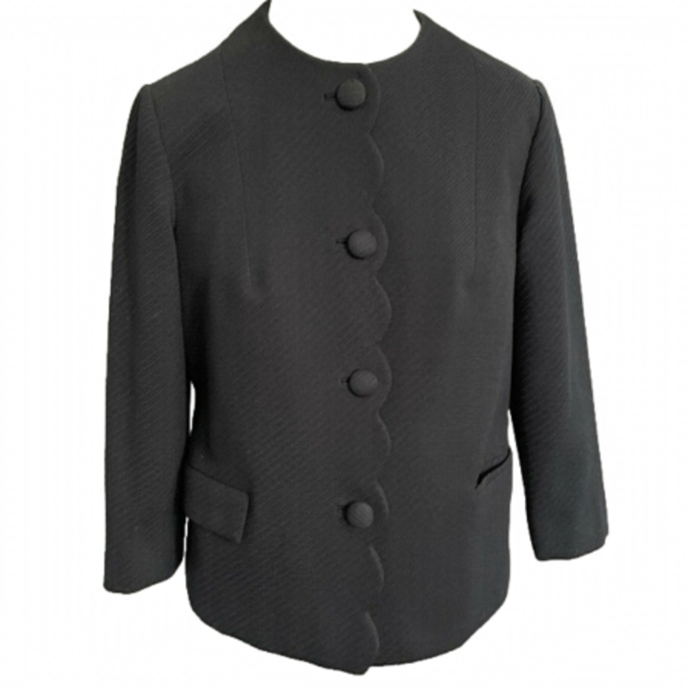 Vintage 60s Black Custom Tailored Textured Scalloped 3/4 Sleeve Boxy Blazer - M
